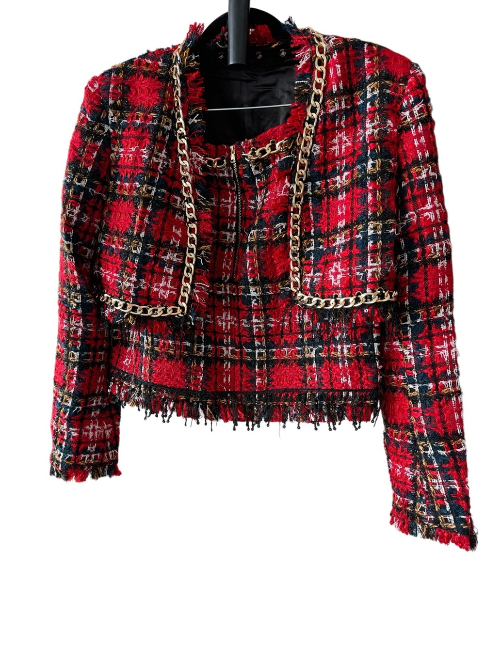 Designer-style Red Plaid Tweed Jacket and Skirt Set with Elaborate Trim